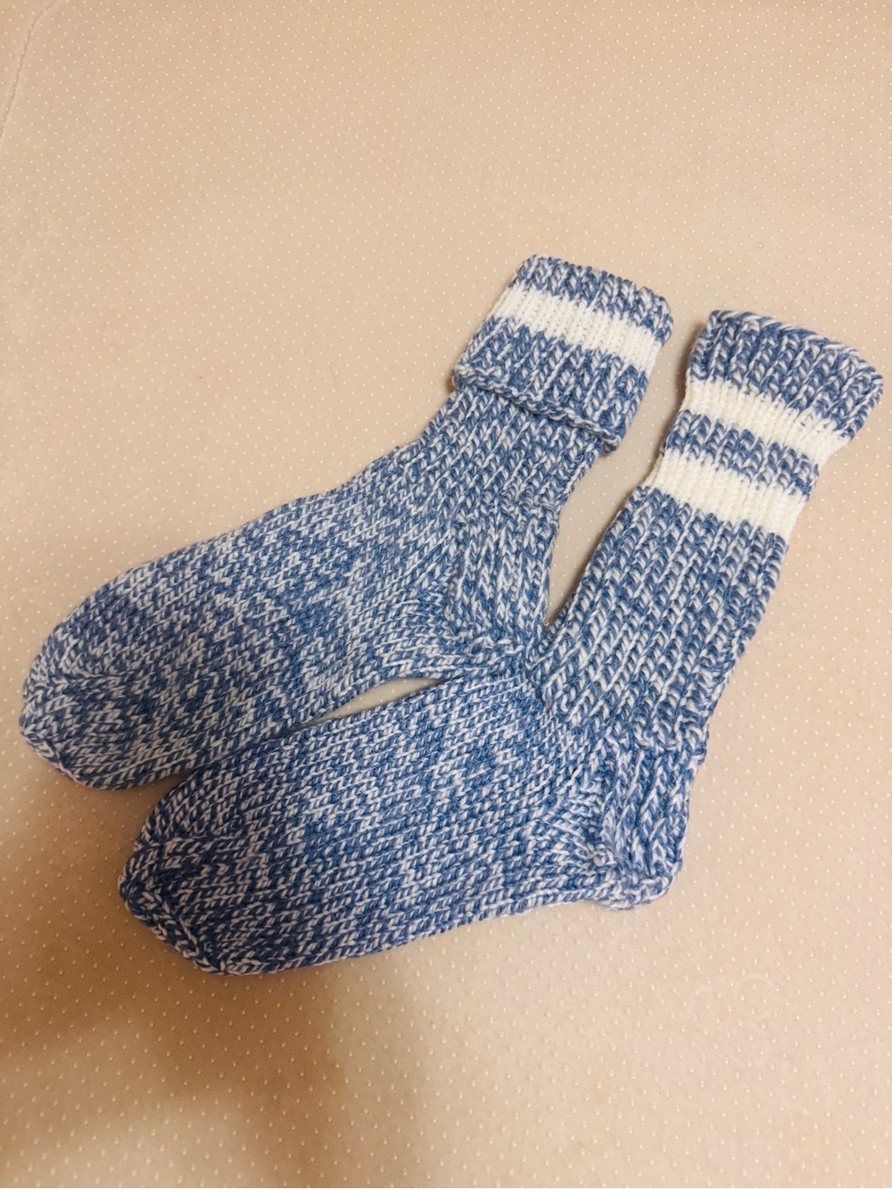 New Hand Knitted Blue & White Marled Crew Unisex Socks - Classic Comfort
